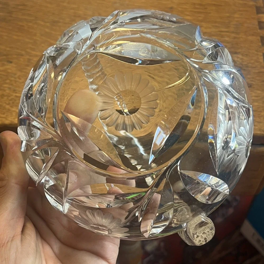 Crystal Clear Vintage Glass Basket Bowl Oval Cut Glass Floral 1970s Decorative